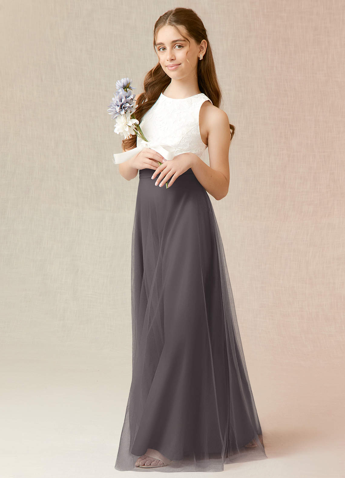 Azazie Albertine Junior Steel Grey A-Line Lace Chiffon Dress image3