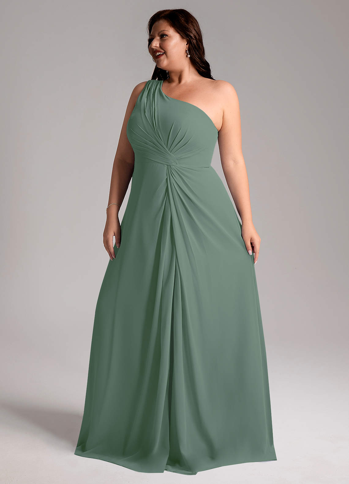 Azazie Brooke Bridesmaid Dresses Eucalyptus A-Line One Shoulder Chiffon Dress image11