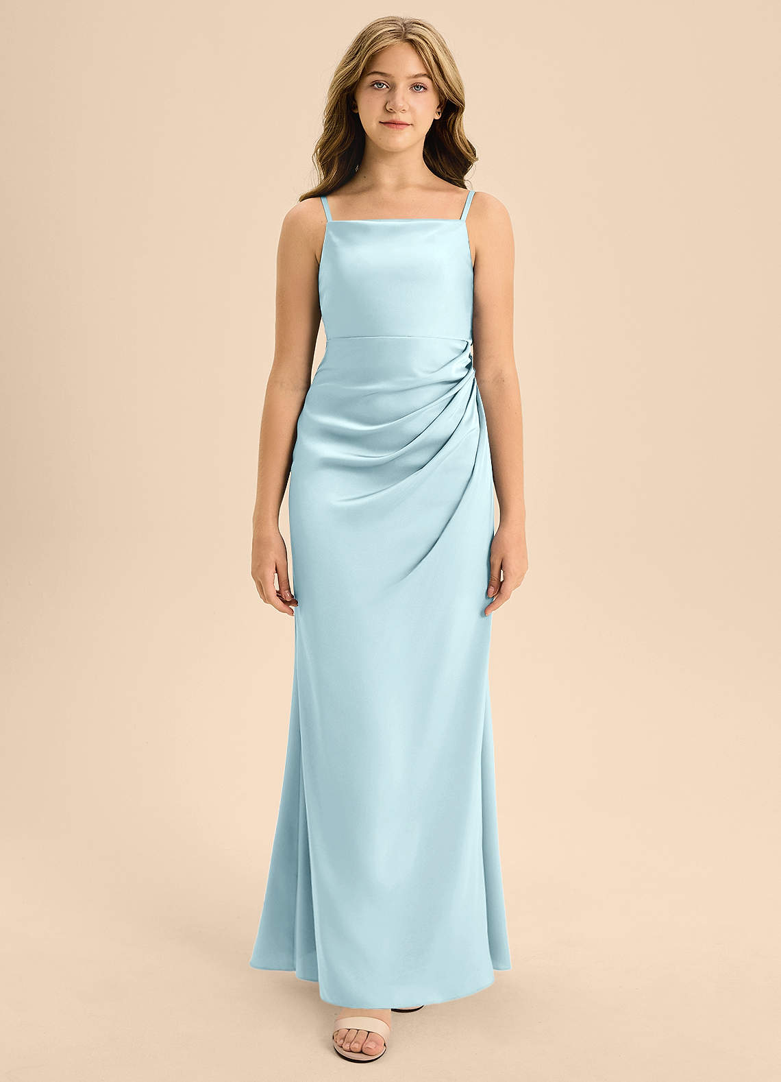 Azazie Renna Junior A-Linie Plissee Stretch-Satin Kleid Wolke Blau image5