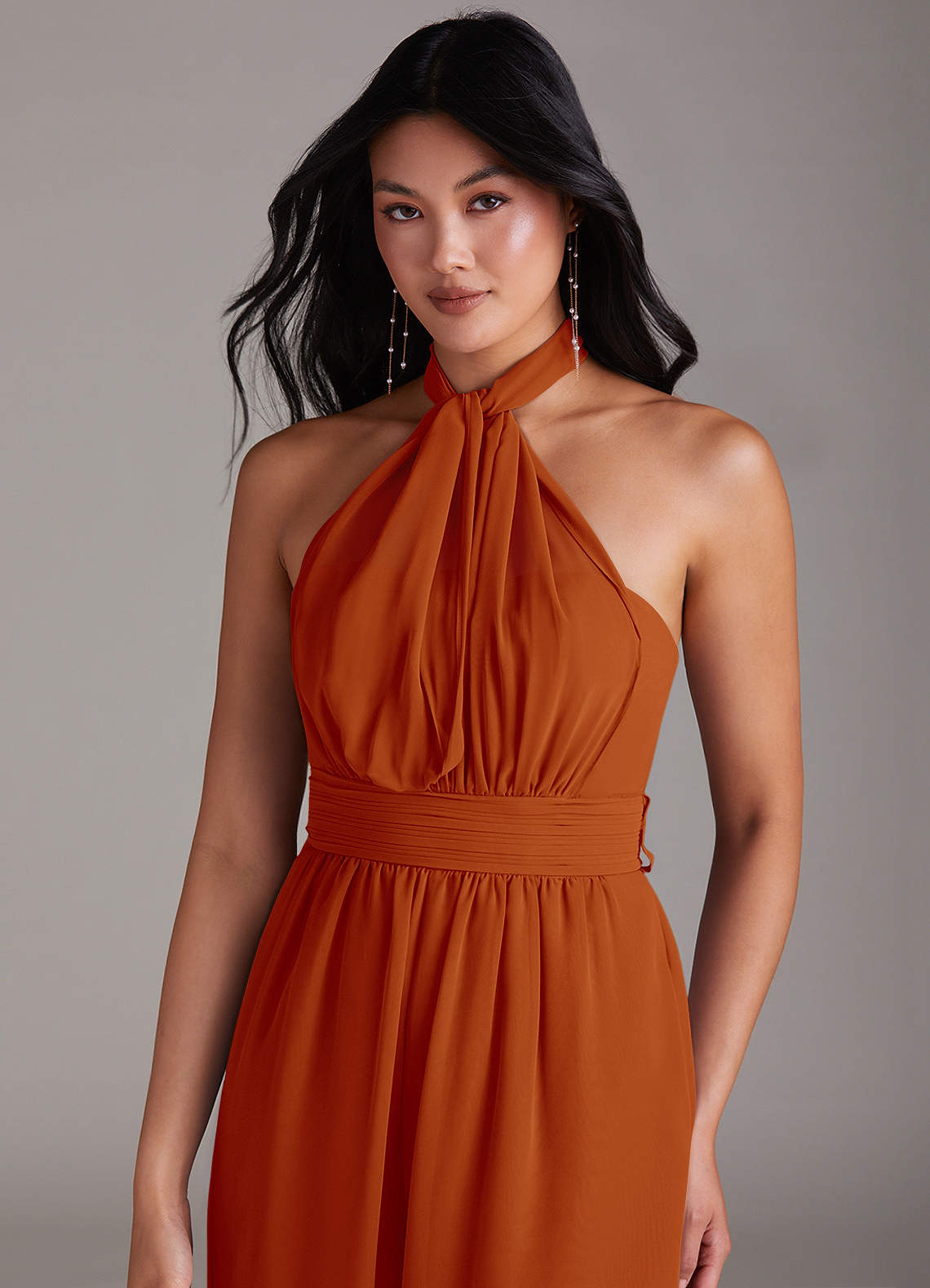 Azazie Lamara Robes de demoiselle d'honneur Combinaison Convertible en Mousseline de soie Épaule décolletée Paprika image1