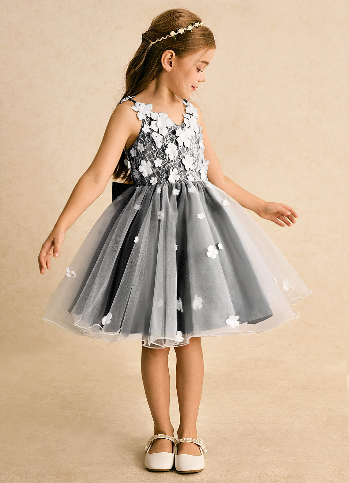 Azazie Junebug Robe Demoiselle D'honneur Fillette Robe Princesse en Tulle Dentelle Ivoire Noir image3