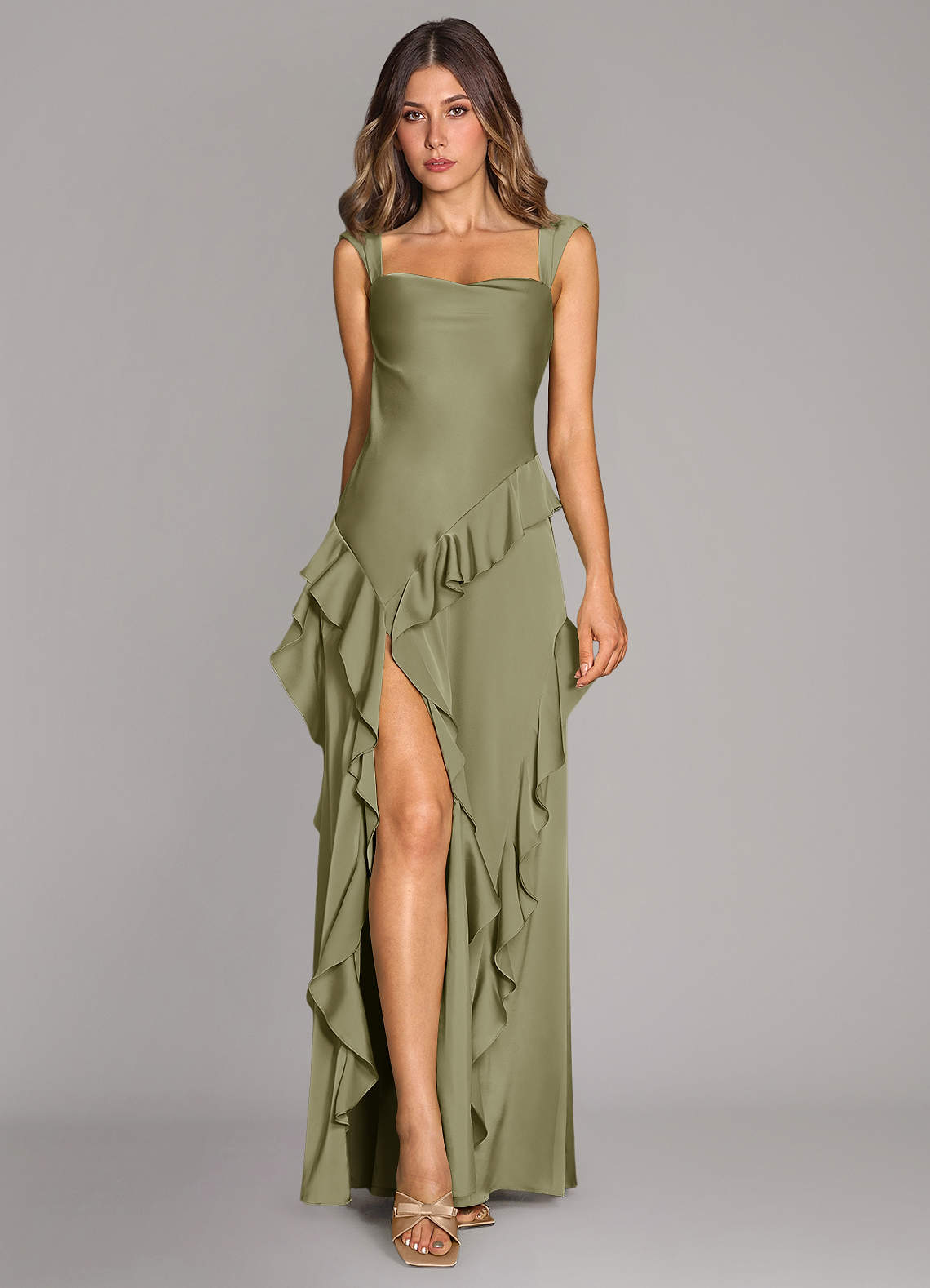Azazie Sloane Robes de demoiselle d'honneur Robe Trapèze en Satin extensible Encolure en Forme de Cœur Pistache image1