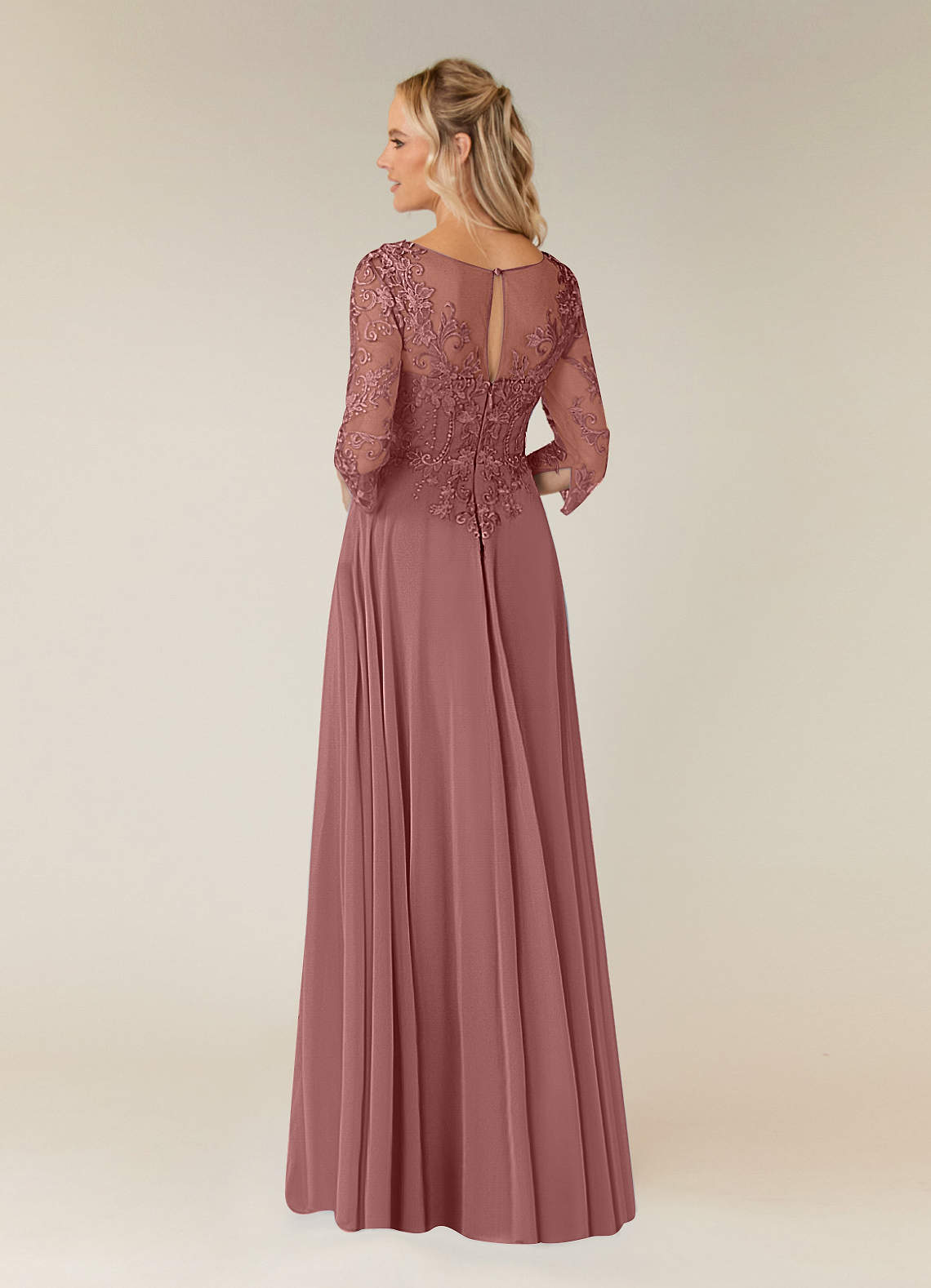 Azazie Noella vestidos de madre de la novia Vestido de Rosa Del Desierto de Gasa de Corte en A con Encaje cuello pico image3