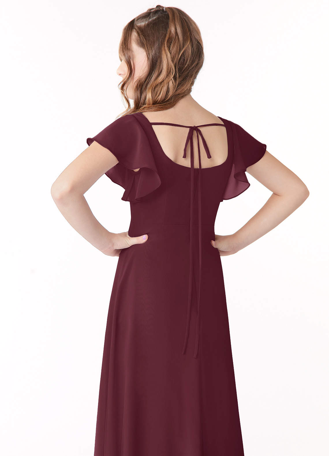 Azazie Bondi Junior Vestido Cabernet de Chiffon de Linha A com Arco image2