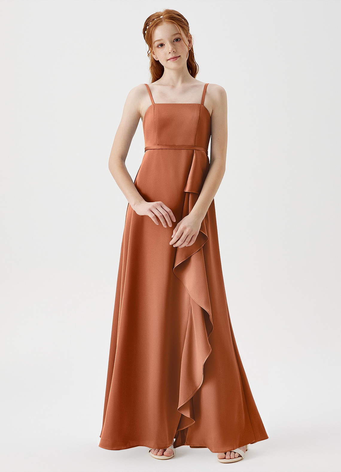 Azazie Kaylee Junior Copper A-Line with Belt Stretch Satin Dress image1