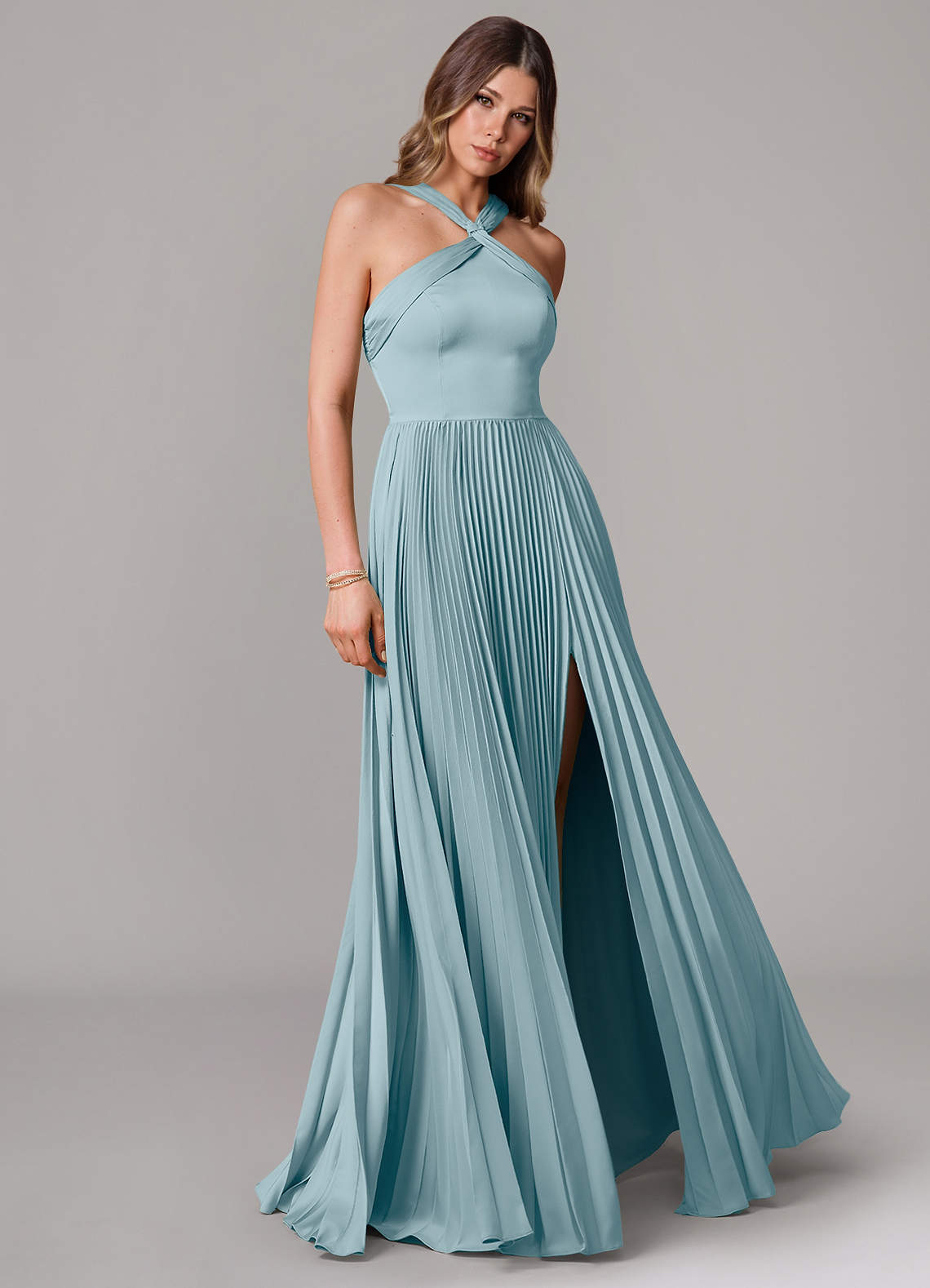 Azazie Afra Brautjungfernkleider A-Linie Plissee Stretch-Satin Kleid Stimmungsvolles Blau image1