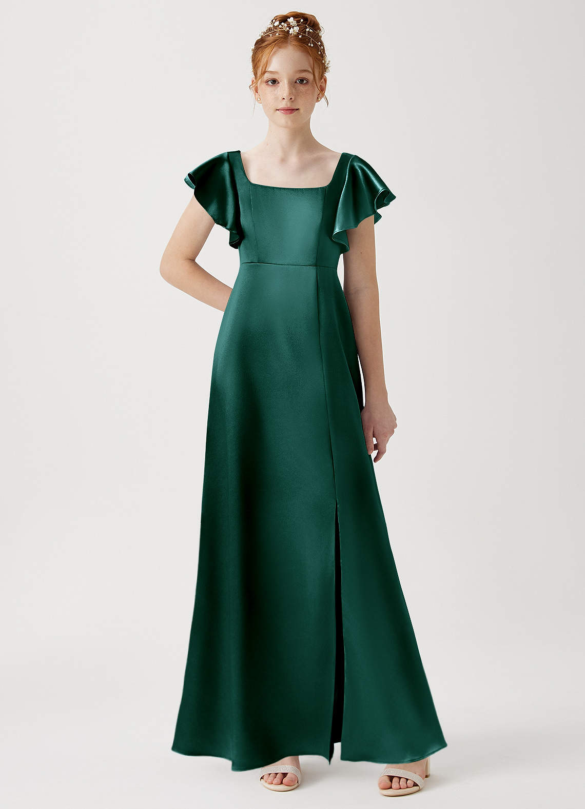 Azazie Bondi Junior Robe Trapèze en Satiné métallisé Fente Latérale Vert Pin image1