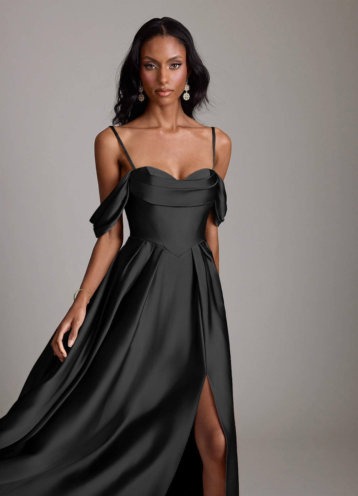 Azazie Loisa Bridesmaid Dresses Black A-Line Off the Shoulder Stretch Satin Dress image2