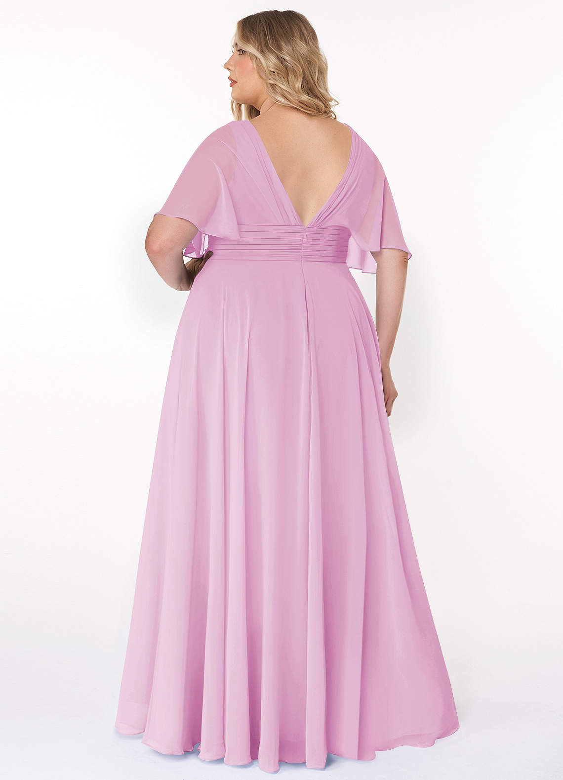 Azazie Pamela Essayer des robes à la maison Robe Trapèze en Mousseline de soie Col V plissé Bleu Poussiéreux image6