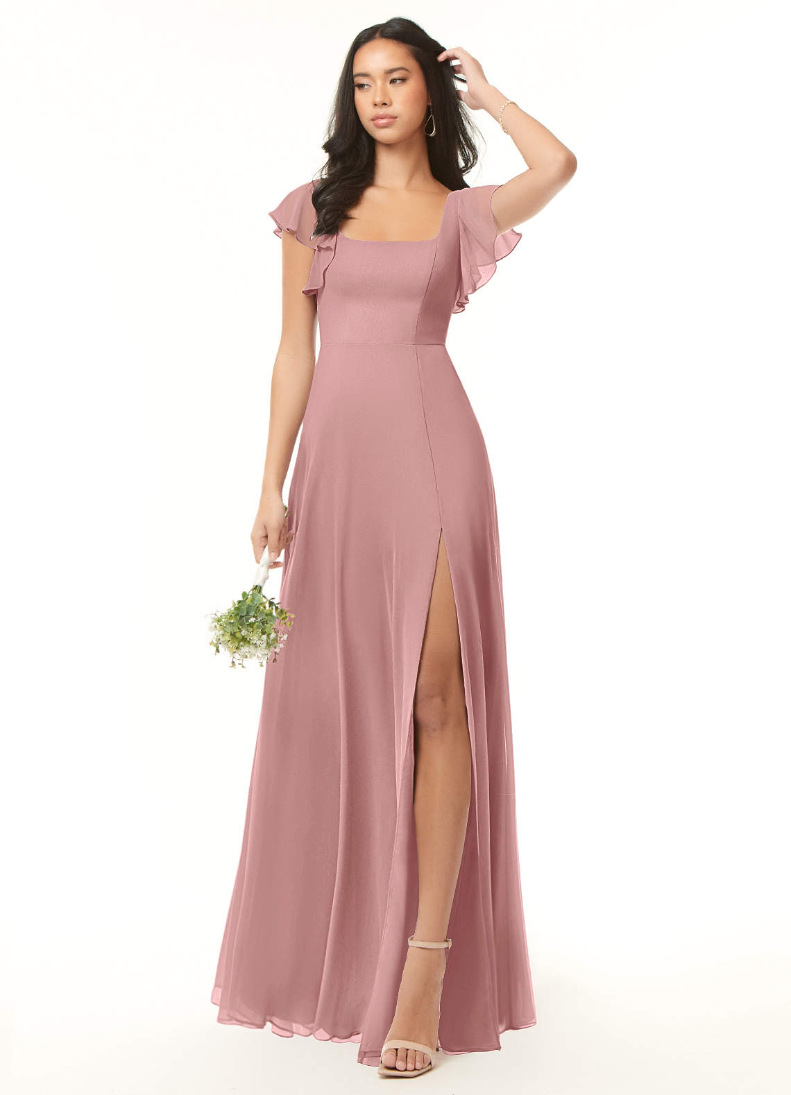 Azazie Bondi Bridesmaid Dresses Dusty Rose A-Line Ruffled Chiffon Dress image1