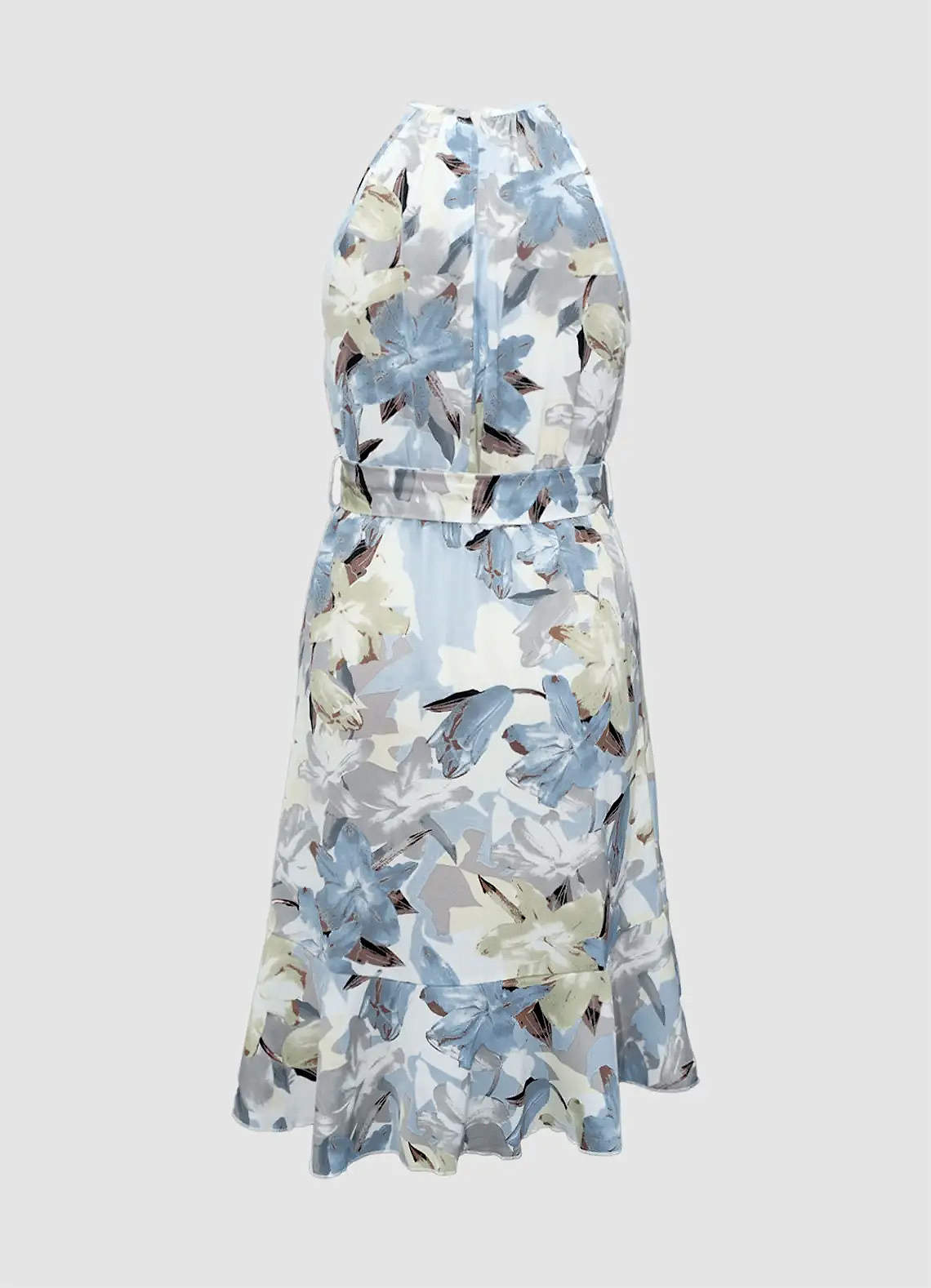 Robe Bleu Clair Longueur Midi Froncée à Imprimé Floral et Licou image1