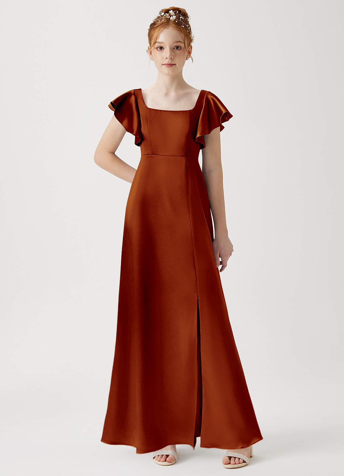Azazie Bondi Junior Auburn A-Line Side Slit Metallic Satin Dress image1