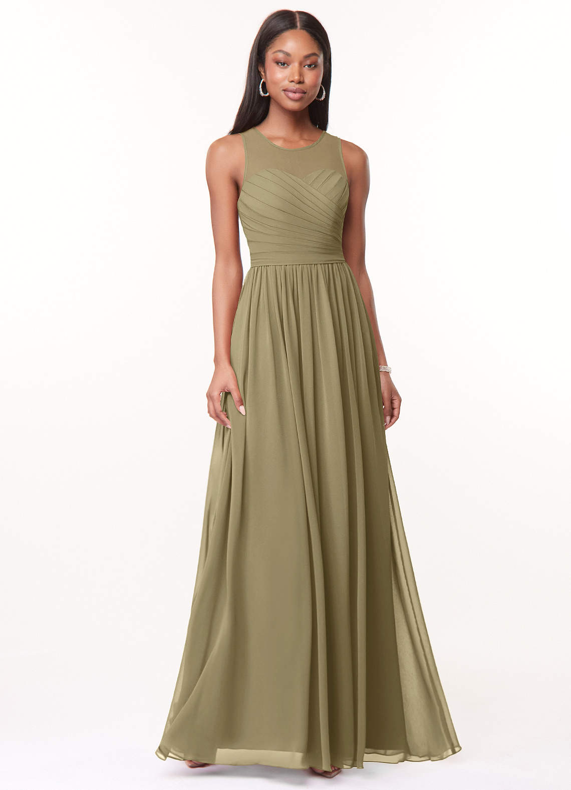 Azazie Nina Abiti da Damigella Abito A-Line in Chiffon Plissettato Verde Muschio image1