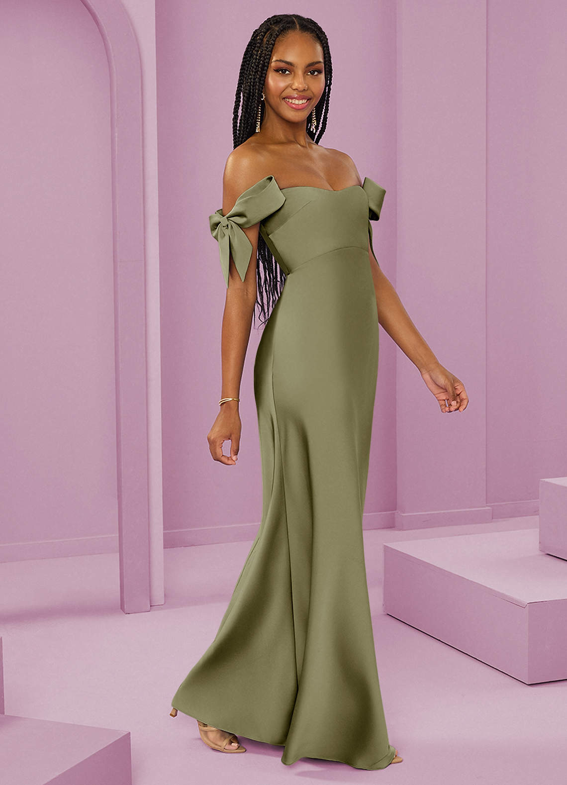 Barbie ♥ Azazie Abiti da Damigella Abito Convertibile Tubino in Raso Elasticizzato a Spalla Scoperta Pistacchio image1