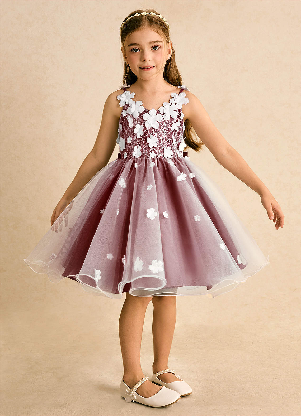 Azazie Junebug Vestidos de florista Vestido Marfim Borgonha de Tule de Vestido de baile com Renda image5