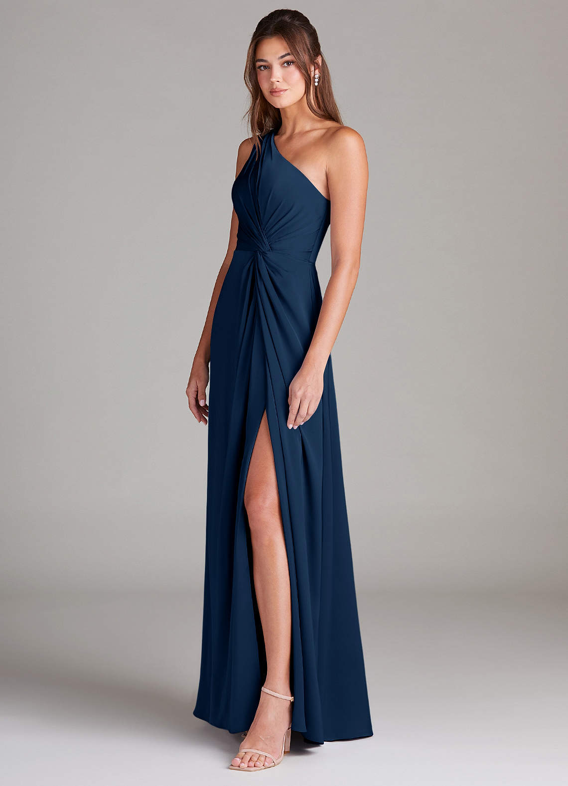 Azazie Brooke Bridesmaid Dresses Dark Navy A-Line One Shoulder Stretch Satin Dress image4