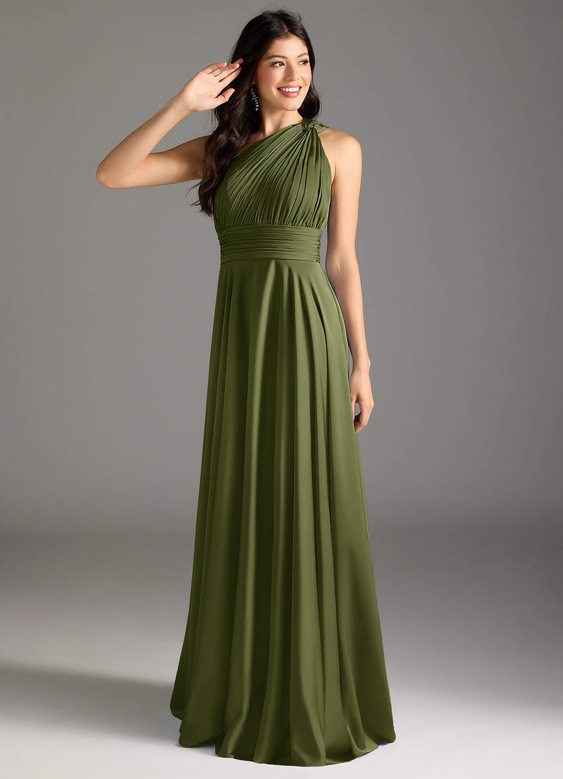 Azazie Charlize Bridesmaid Dresses Olive A-Line One Shoulder Stretch Satin Dress image1