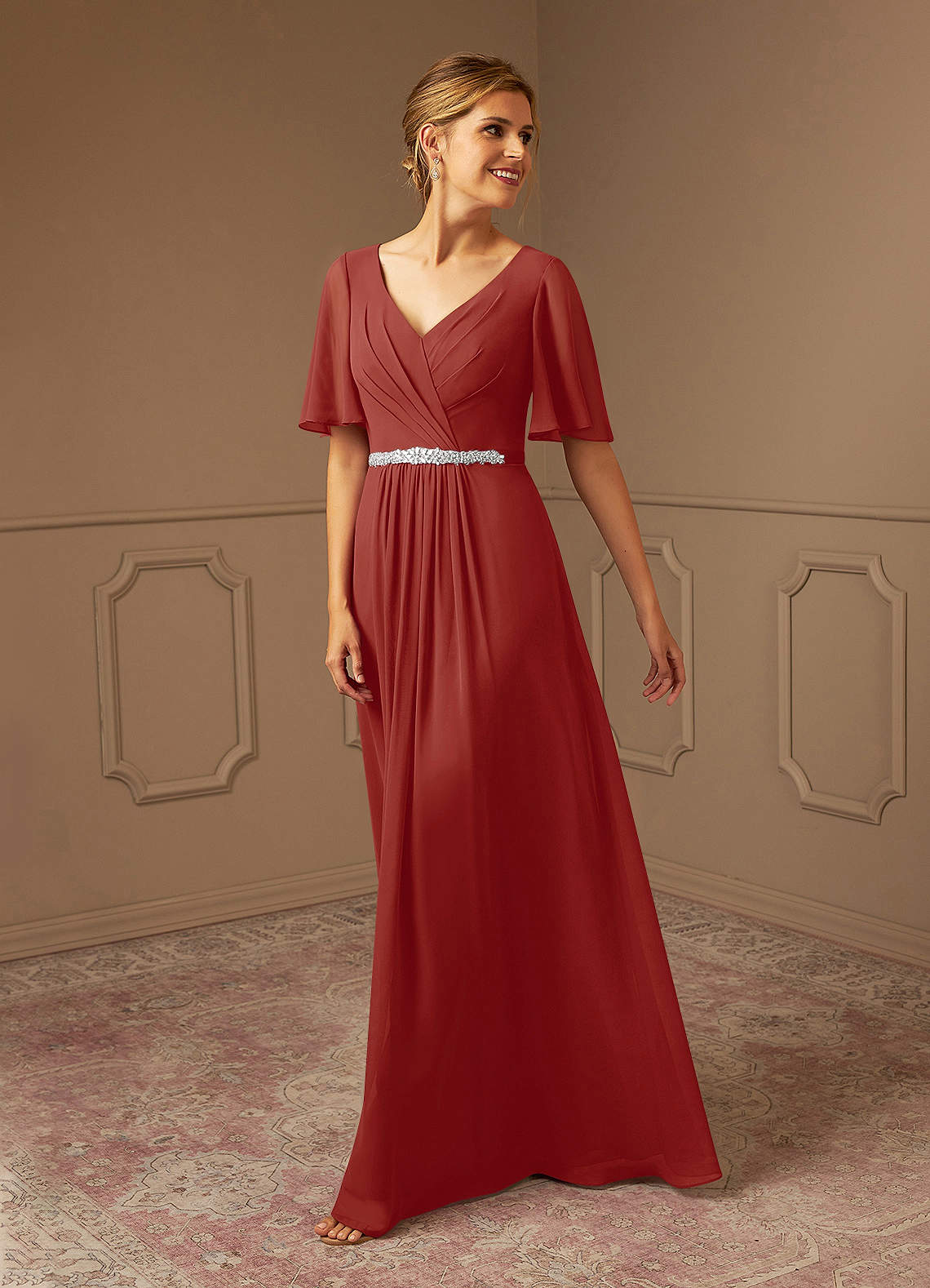 Azazie Tricia Mother of the Bride Dresses Terracotta A-Line V-Neck Pleated Chiffon Dress image1