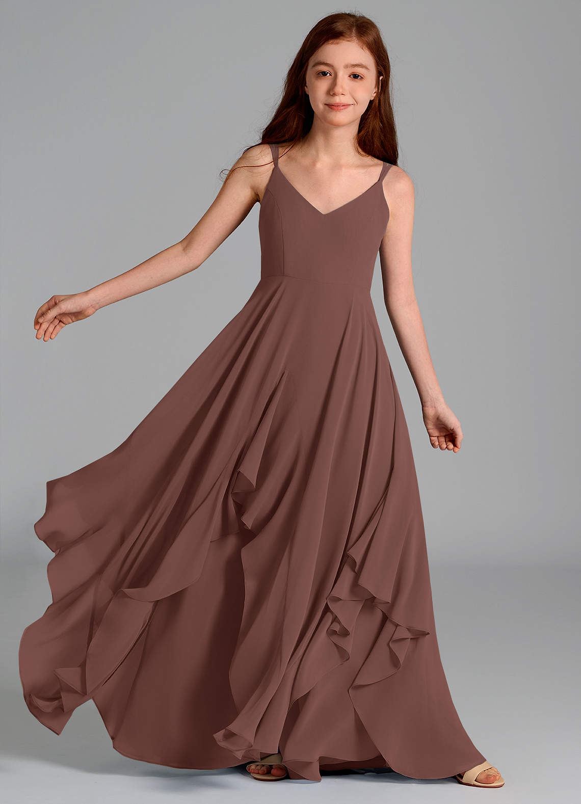 brown junior bridesmaid dress A Line V Back Chiffon Lace Junior Bridesmaid Dress, Terracotta main image 0