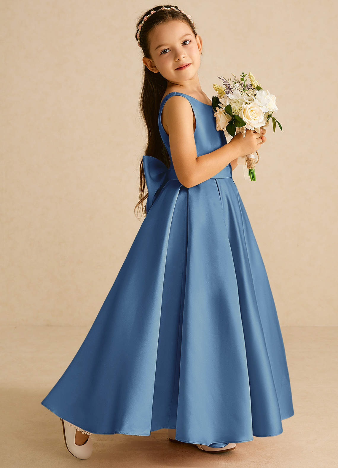 Azazie Pipsy Flower Girl Dresses Steel Blue A-Line Bow Matte Satin Dress image2