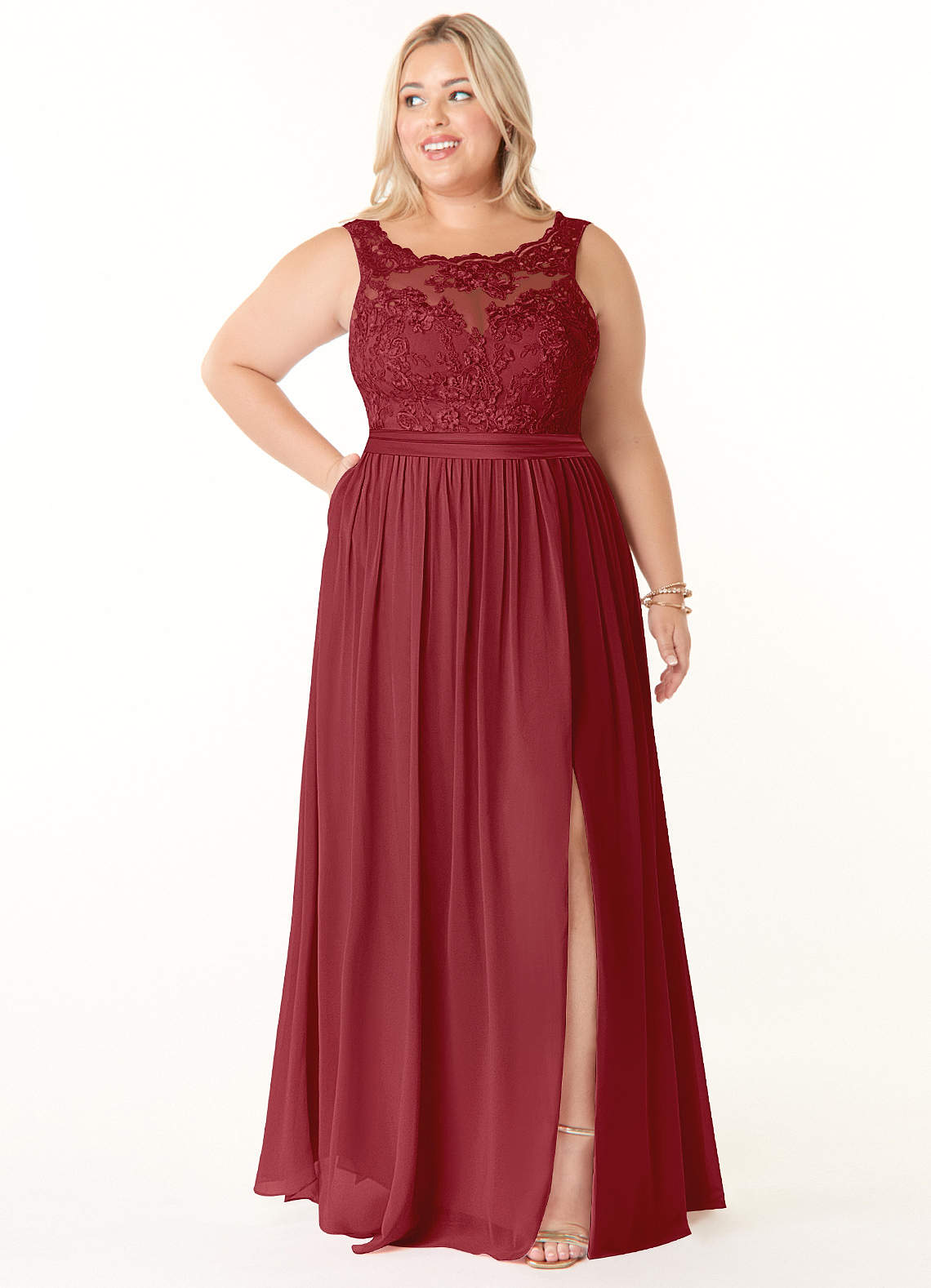 Azazie Elly Bridesmaid Dresses Pomegranate A-Line Lace Scoop Neck Chiffon Dress image1