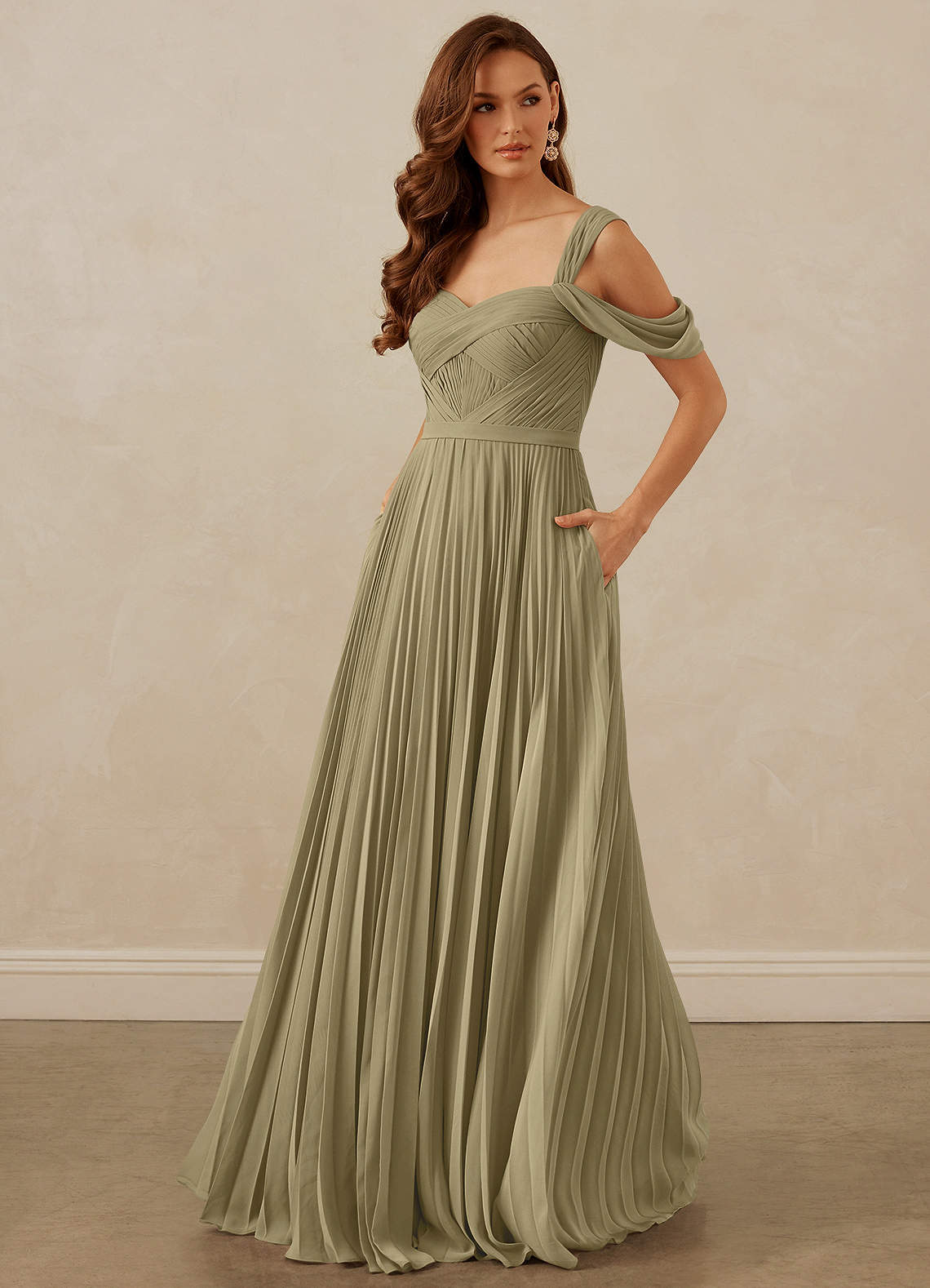 Christian Siriano Bridal for Azazie 1013 Bridesmaid Dresses Moss Green A-Line Off the Shoulder Chiffon Dress image1
