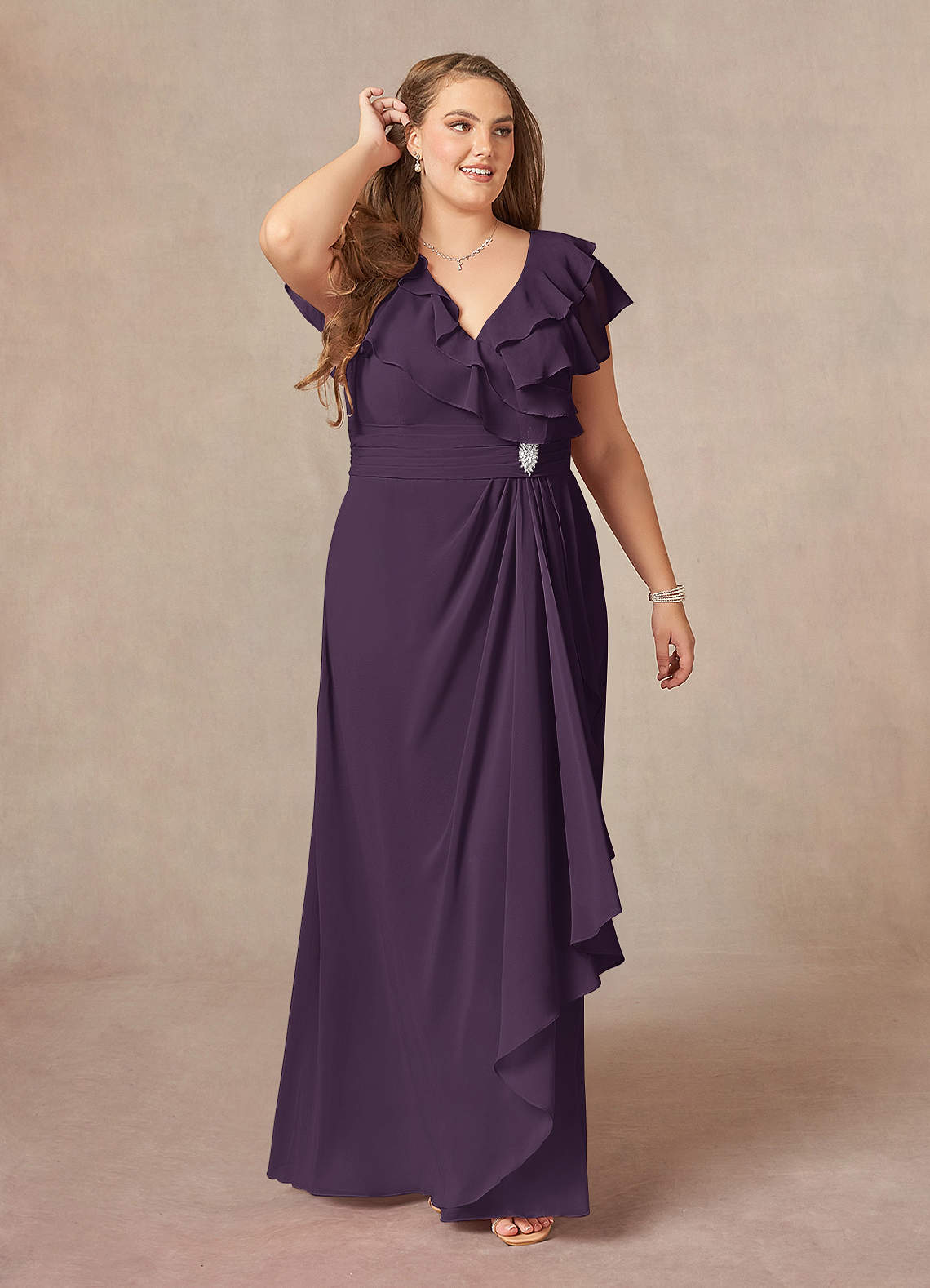 Azazie Snapdragon Mother of the Bride Dresses Plum A-Line V-Neck Ruched Chiffon Dress image1