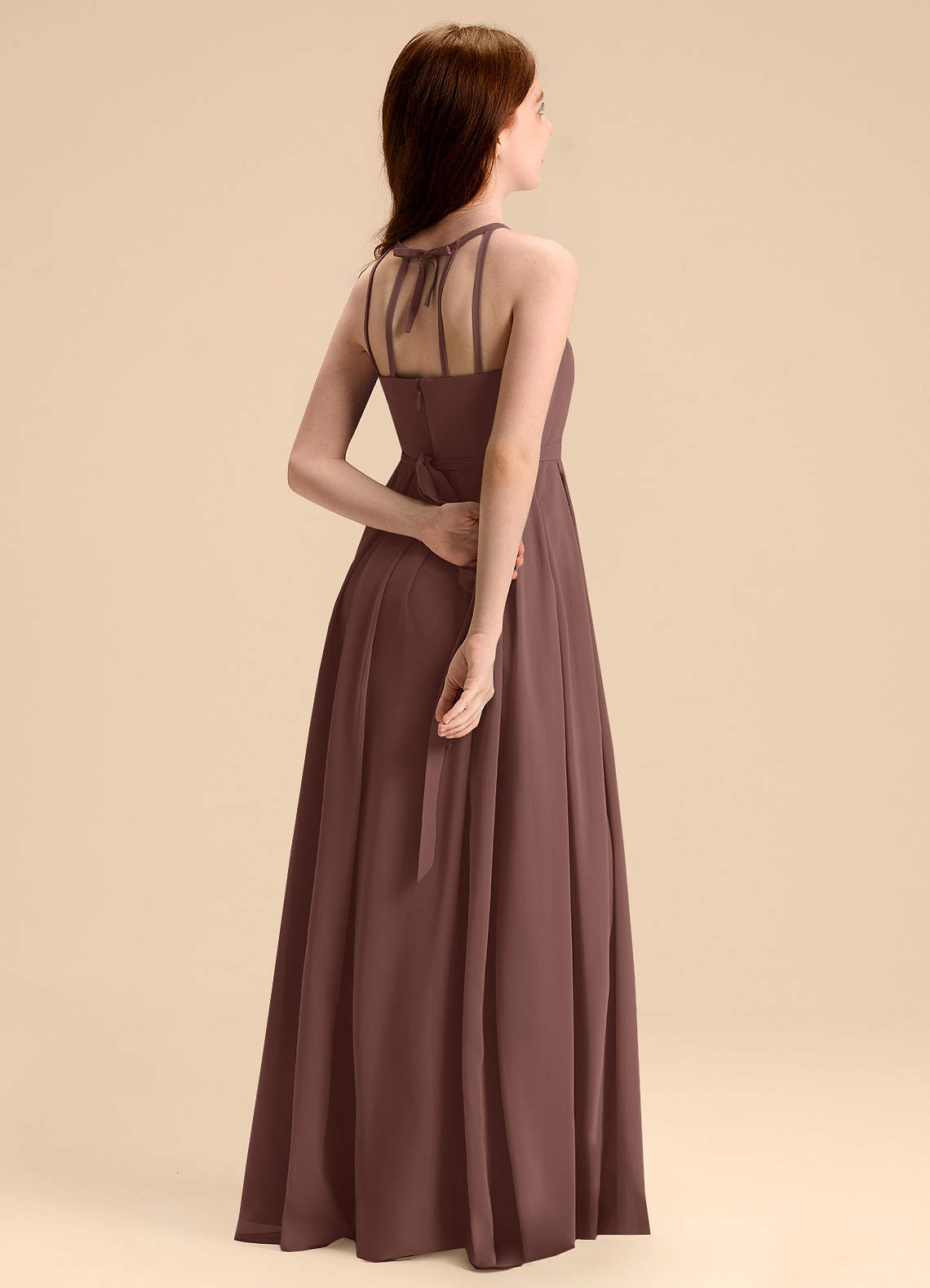 Azazie Arianthe Junior Abito A-Line in Chiffon Plissettato Espresso image1