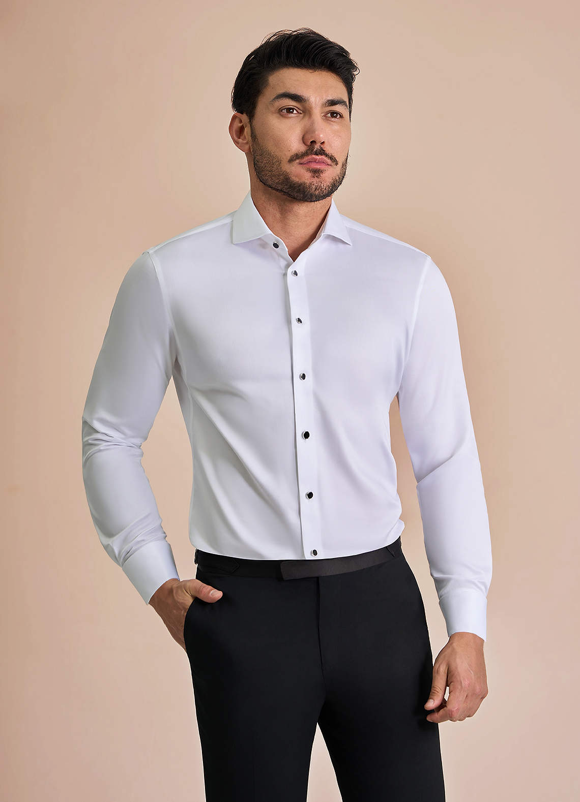 front Henry White Stud-Front Cotton Tuxedo Shirt