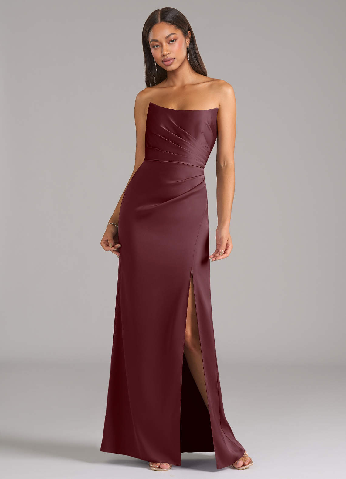 marsala bridesmaid dresses long Azazie Marla Sangria Stretch Satin cf-color-grey Rapture Fitted Bodice Midi-Dress Variant:Xsmall 118 lbs