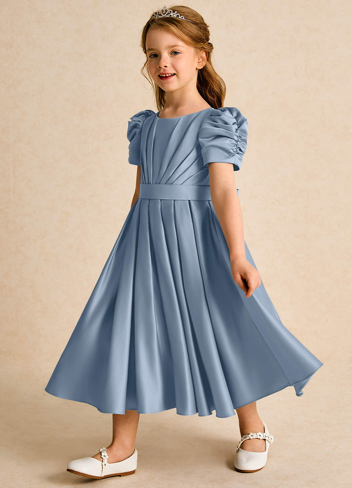 Azazie Miriam Abiti da Ragazza di Fiori Abito Principessa in Raso Opaco Plissettato Blu Polveroso image6