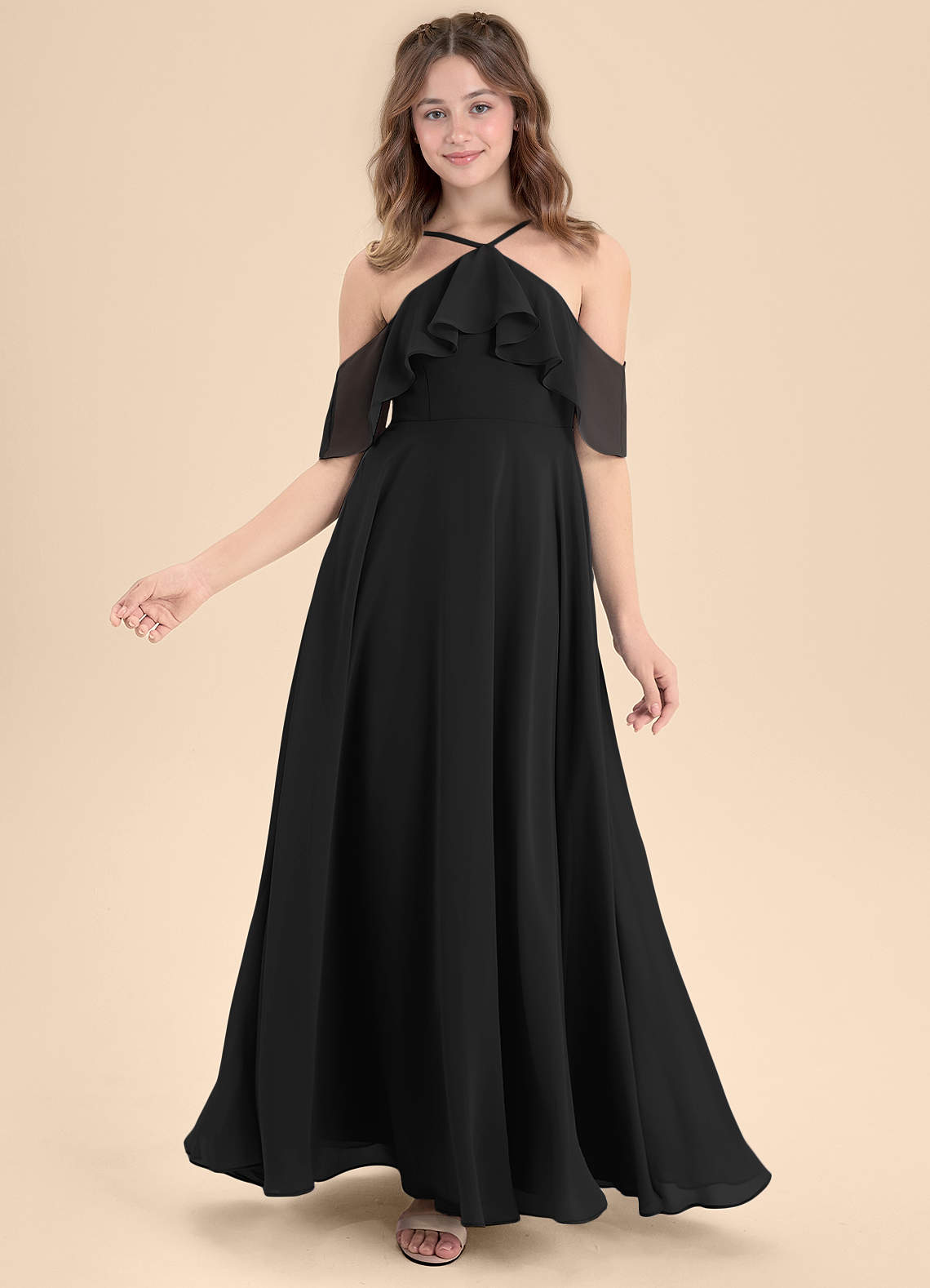 Azazie Tessabelle Junior Vestido de Negro de Gasa de Corte en A con Vestidos sin tirantes image5