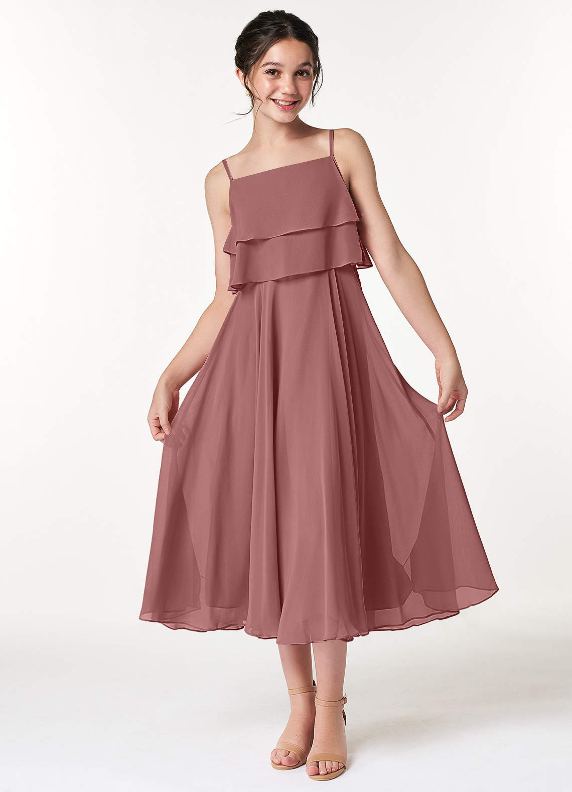 Azazie Ensley Junior Desert Rose A-Line Pleated Chiffon Dress image1