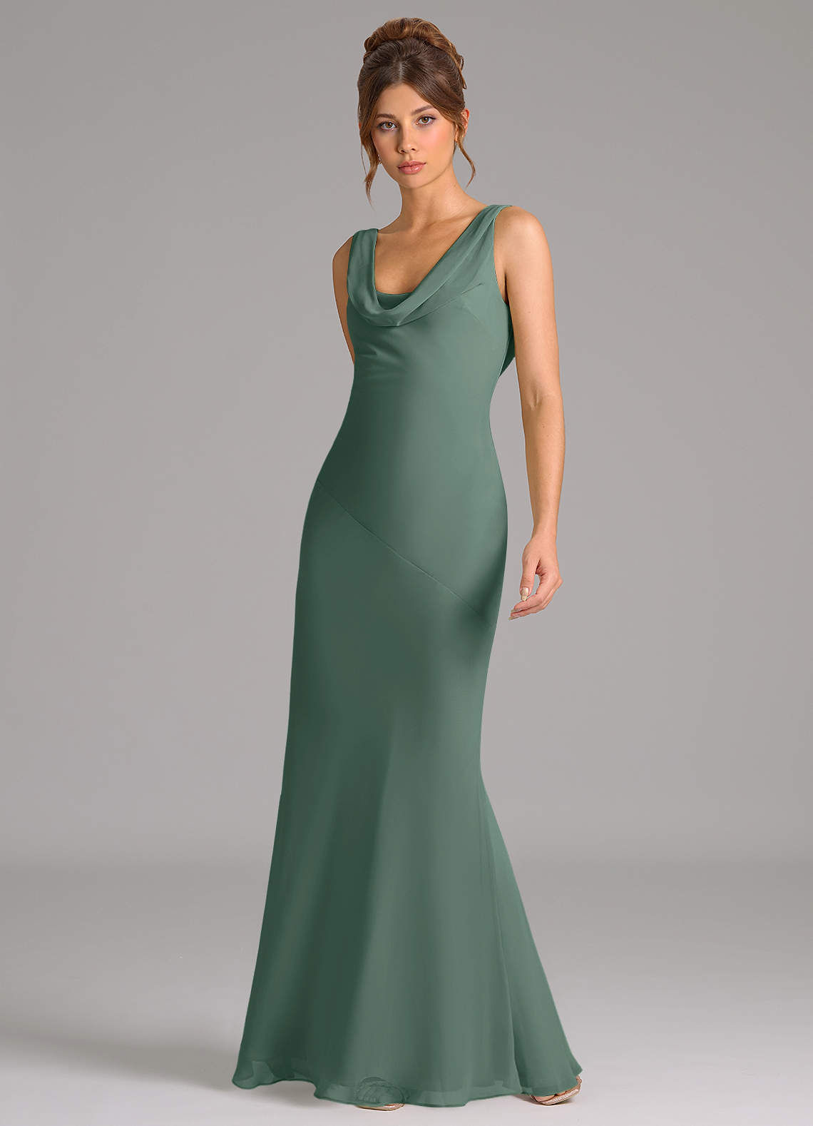 Azazie Rylina At-home Try On Dresses Dusty Blue Mermaid Pleated Chiffon Dress image2