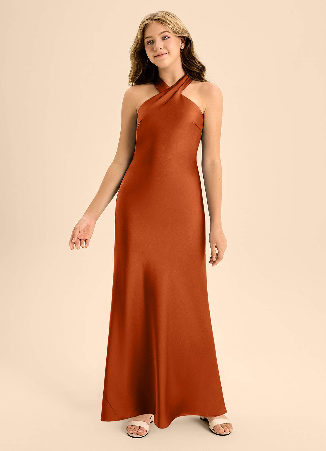 Azazie Doretta Junior Burnt Orange A-Line Pleated Stretch Satin Dress image3