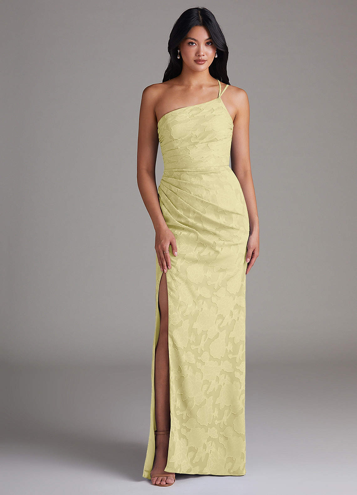 Azazie Eren Bridesmaid Dresses Lemon Sorbet Sheath One Shoulder Floral Burnout Dress image1