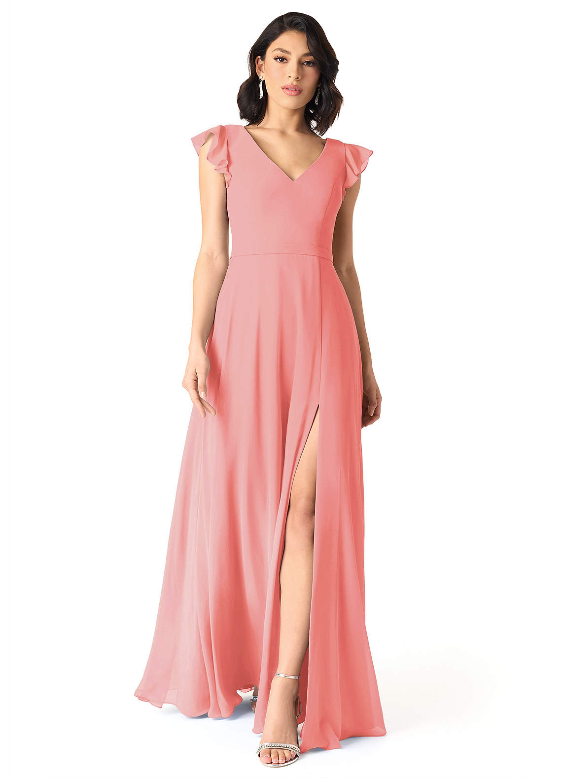 white christmas dresses Coral Ruffle Shoulder V-Neck Chiffon Gown main image 1