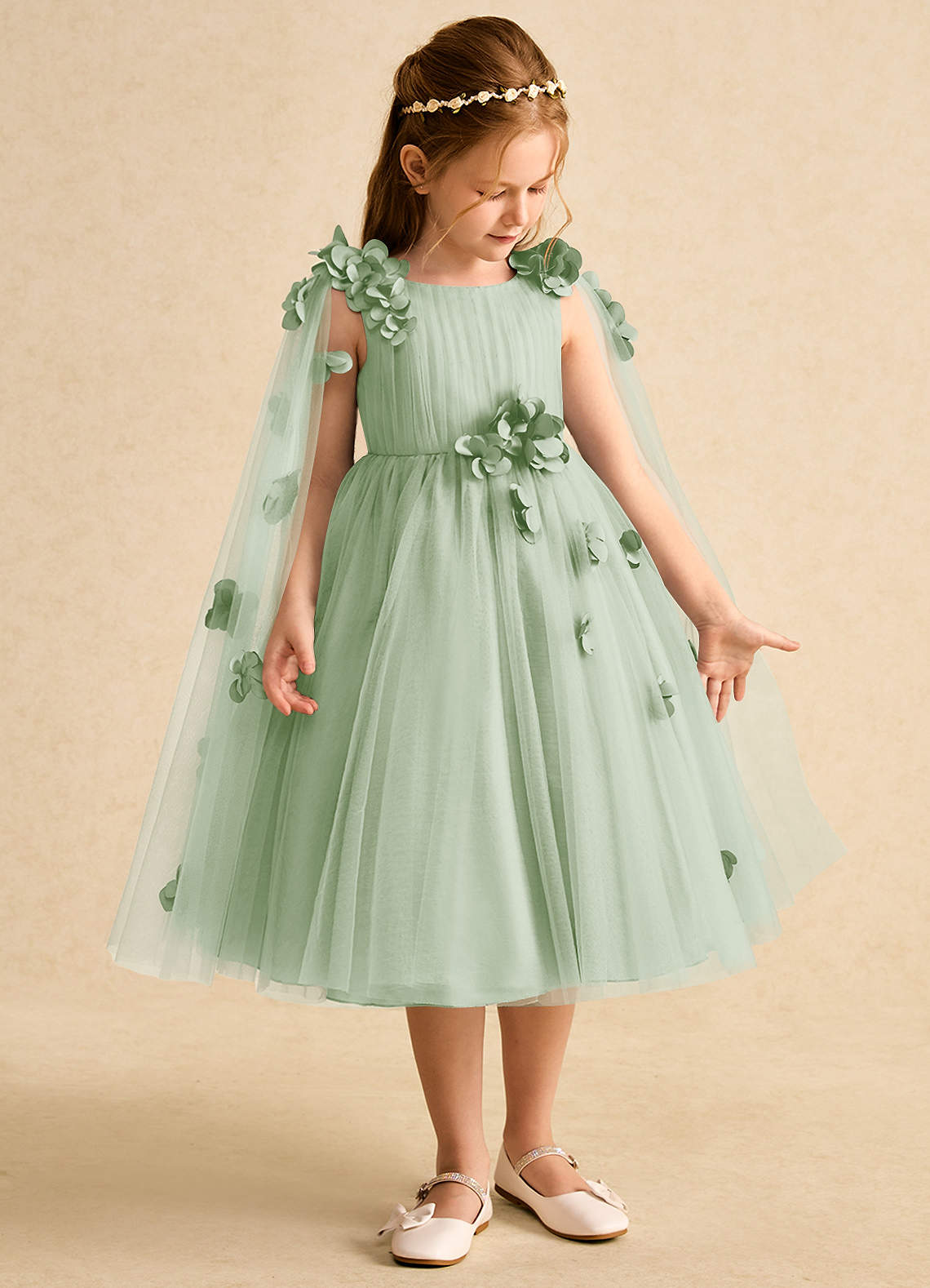 Azazie Staria Flower Girl Dresses Dusty Sage Ball-Gown Ruched Tulle Dress image6