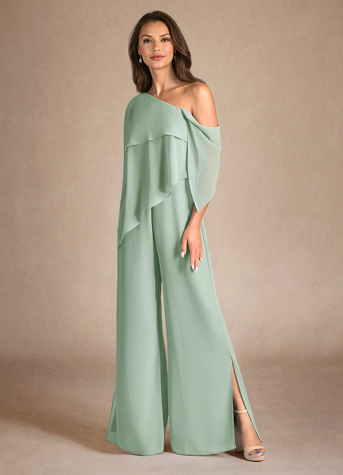 Azazie Halima Abiti per la Madre della Sposa Abito Tuta Pantaloni in Chiffon Spacco Laterale Agave image5