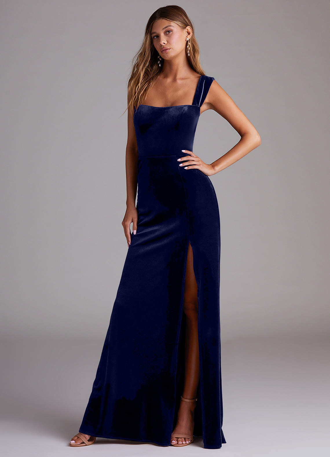 Azazie Junia Bridesmaid Dresses Dark Navy Sheath Off the Shoulder Velvet Convertible Dress image3