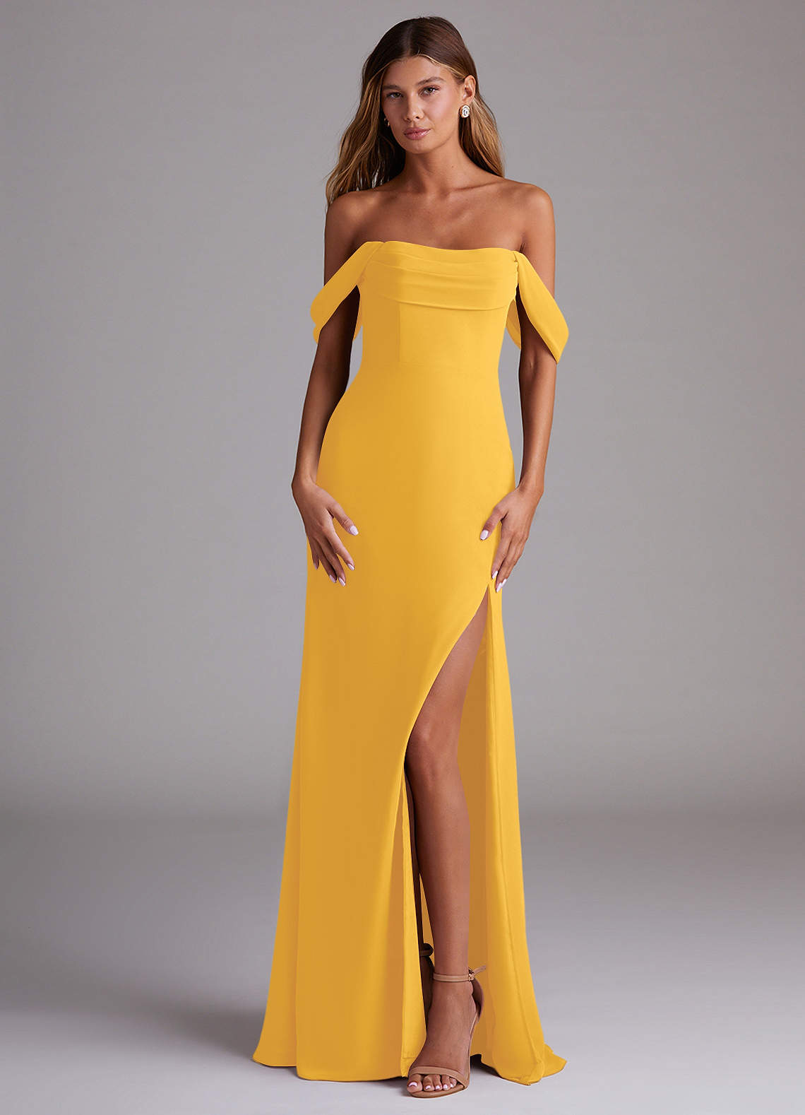 Azazie Saige Bridesmaid Dresses Marigold A-Line Off the Shoulder Chiffon Convertible Dress image1