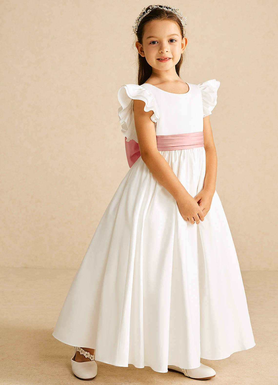 Azazie Aero Flower Girl Dresses Ivory Rosette A-Line Pleated Cotton Dress image4