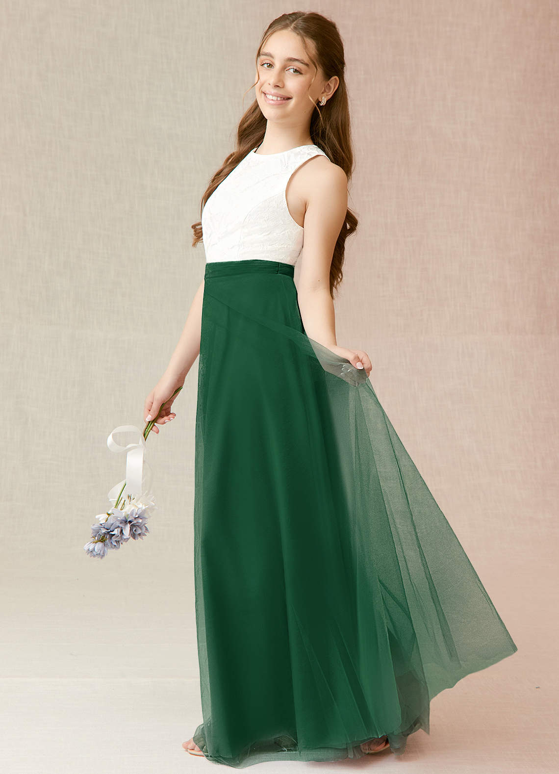 Azazie Albertine Junior Dark Green A-Line Lace Chiffon Dress image2