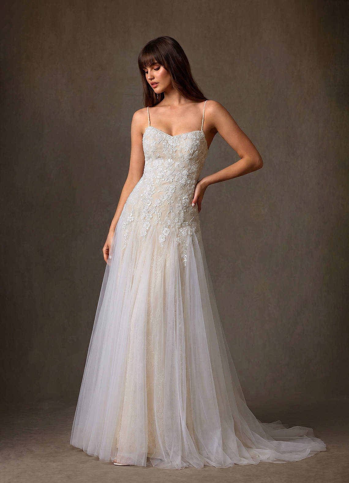 Azazie Lumina At-home Try On Dresses Diamond White Champagne A-Line Sweetheart Neckline Lace Dress image2