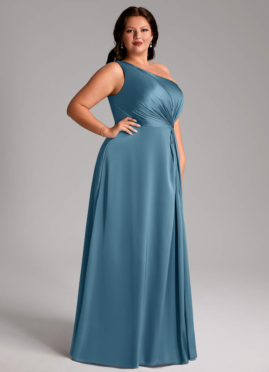 Azazie Brooke Bridesmaid Dresses Bermuda A-Line One Shoulder Stretch Satin Dress image9
