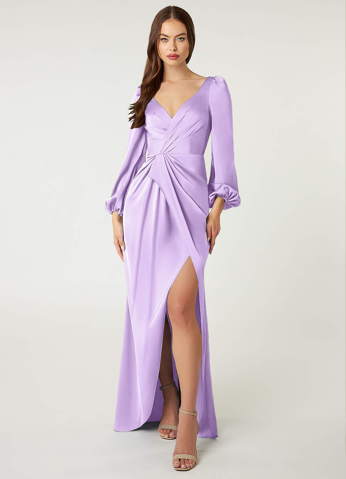 Azazie Mel Bridesmaid Dresses Lilac Sheath Long Sleeve Stretch Satin Dress image1