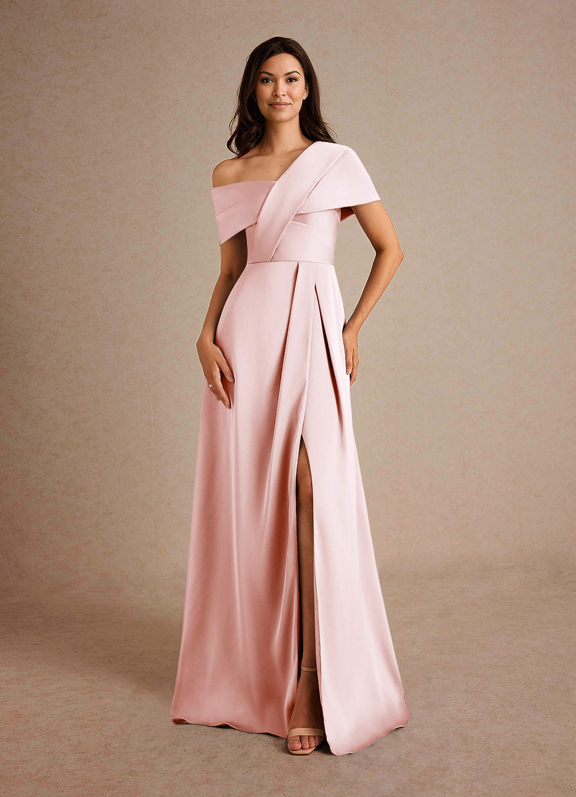 Azazie Milton Mother of the Bride Dresses Blushing Pink A-Line Pleated Stretch Satin Dress image4