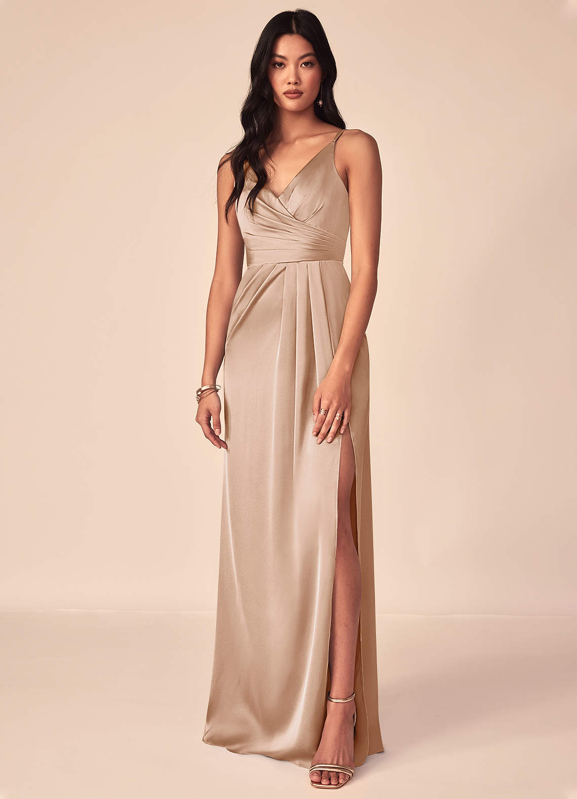 Azazie Aqua Bridesmaid Dresses English Rose A-Line V-Neck Pleated Stretch Satin Dress image1