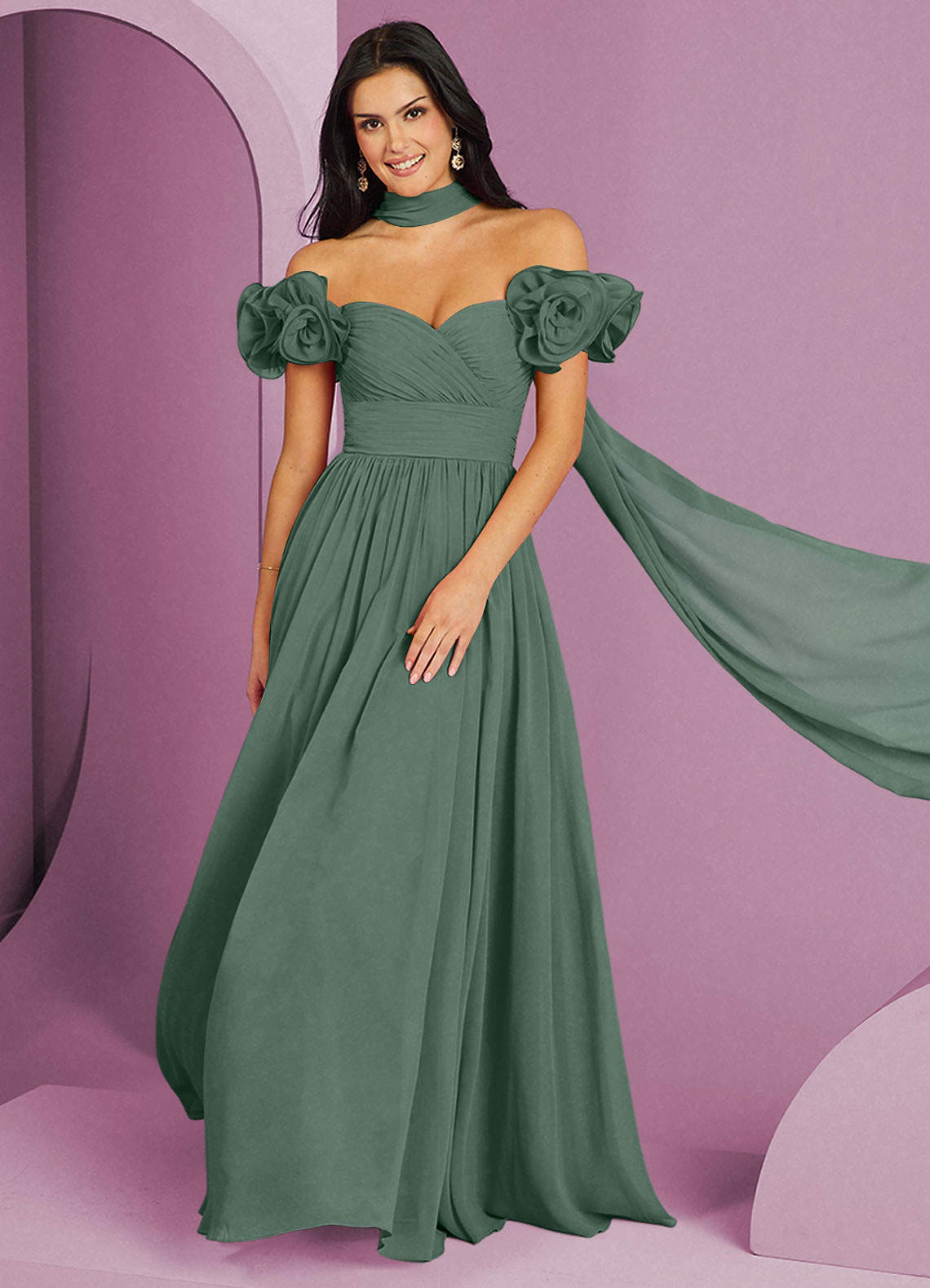 Barbie ♥ Azazie Bridesmaid Dresses Eucalyptus A-Line Off the Shoulder Chiffon Convertible Dress image1