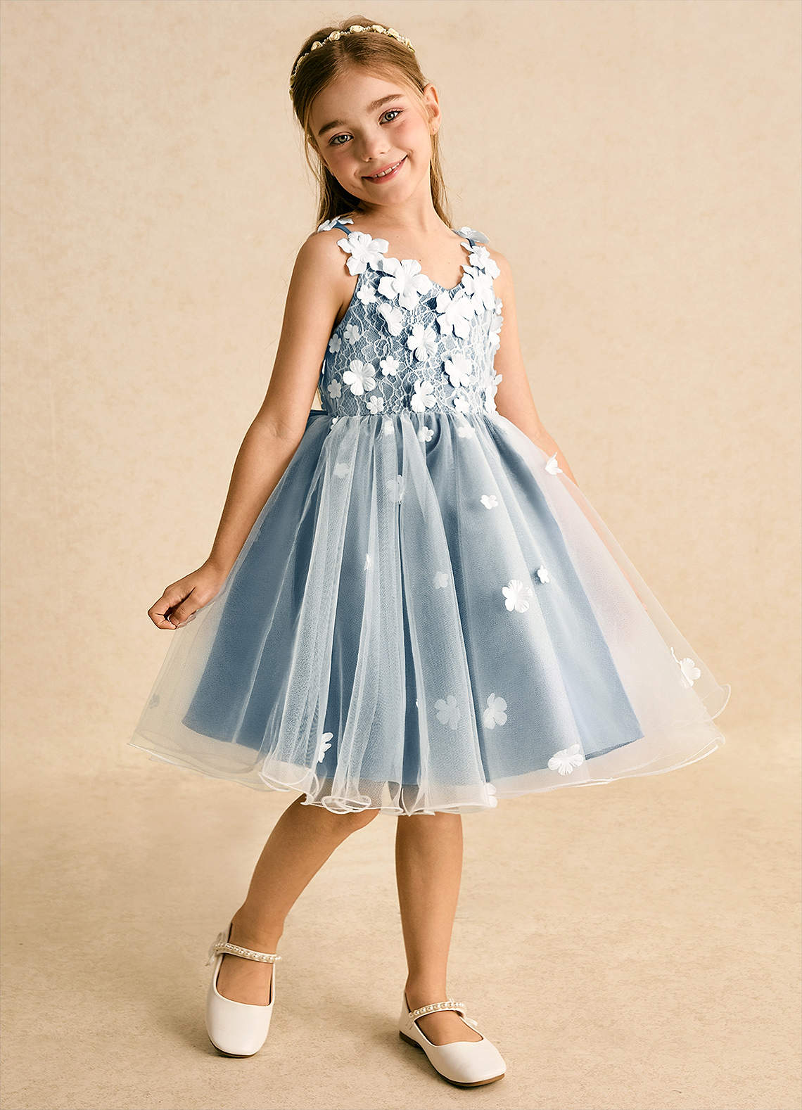 Azazie Junebug Blumenmädchenkleider Ballkleid Spitze Tüll Kleid Elfenbein Bermudablau image1